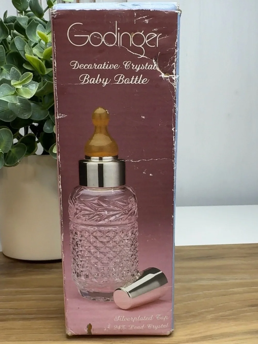 Crystal Baby Bottle Godinger Vintage Japanese Glass 24 Lead Crystal Black Nipple